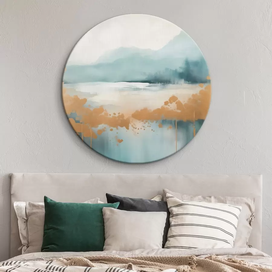 murales de pared Paisaje abstracto con montañas y lago en verde azulado y amarillo texturizado, pinceladas suaves, obra de arte minimalista r46703