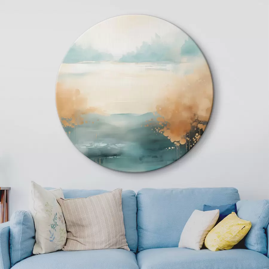 murales de pared Paisaje abstracto con montañas y lago en verde azulado y amarillo texturizado, pinceladas suaves, obra de arte minimalista r46704