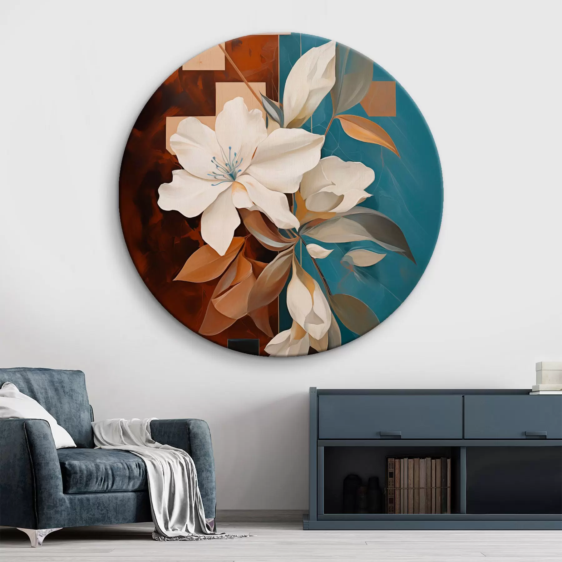 murales de pared Flores y hojas blancas abstractas con un fondo marrón y azul con formas abstractas, en un estilo minimalista r46709