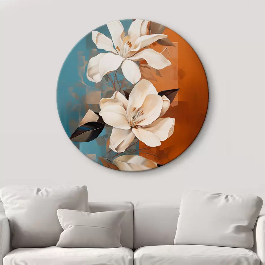 murales de pared Flores y hojas blancas abstractas con un fondo marrón y azul con formas abstractas, en un estilo minimalista r46710