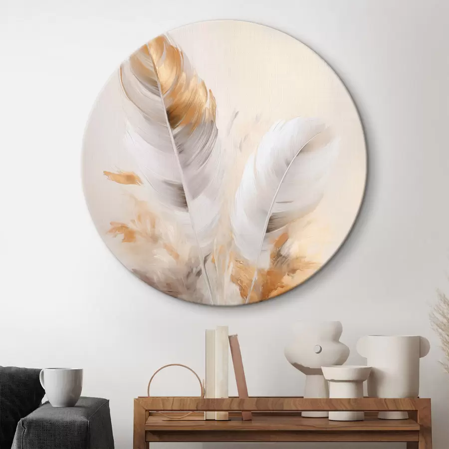 murales de pared Plumas abstractas, rodeadas de plumas beige y marrones, suaves y delicadas, sobre un fondo beige claro r46711