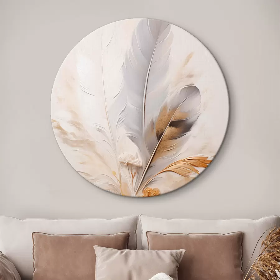 murales de pared Plumas abstractas, rodeadas de plumas beige y marrones, suaves y delicadas, sobre un fondo beige claro r46712