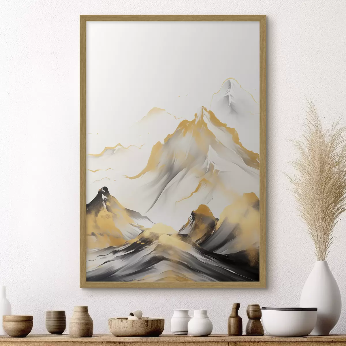 Poster Montañas amarillas y negras con picos nevados, estilo de pintura con tinta china, cordillera minimalista f46683