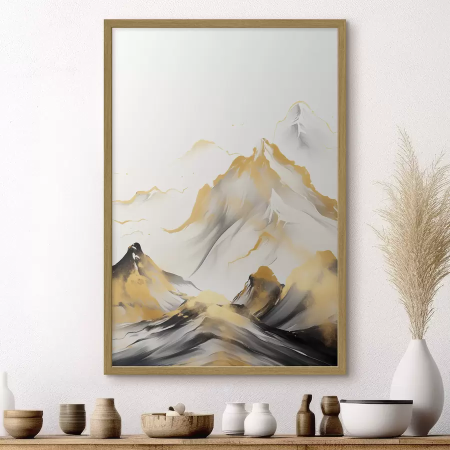murales de pared Montañas amarillas y negras con picos nevados, estilo de pintura con tinta china, cordillera minimalista f46683