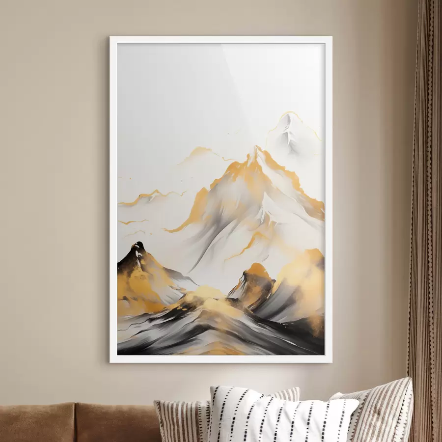 murales de pared Montañas amarillas y negras con picos nevados, estilo de pintura con tinta china, cordillera minimalista. f46683