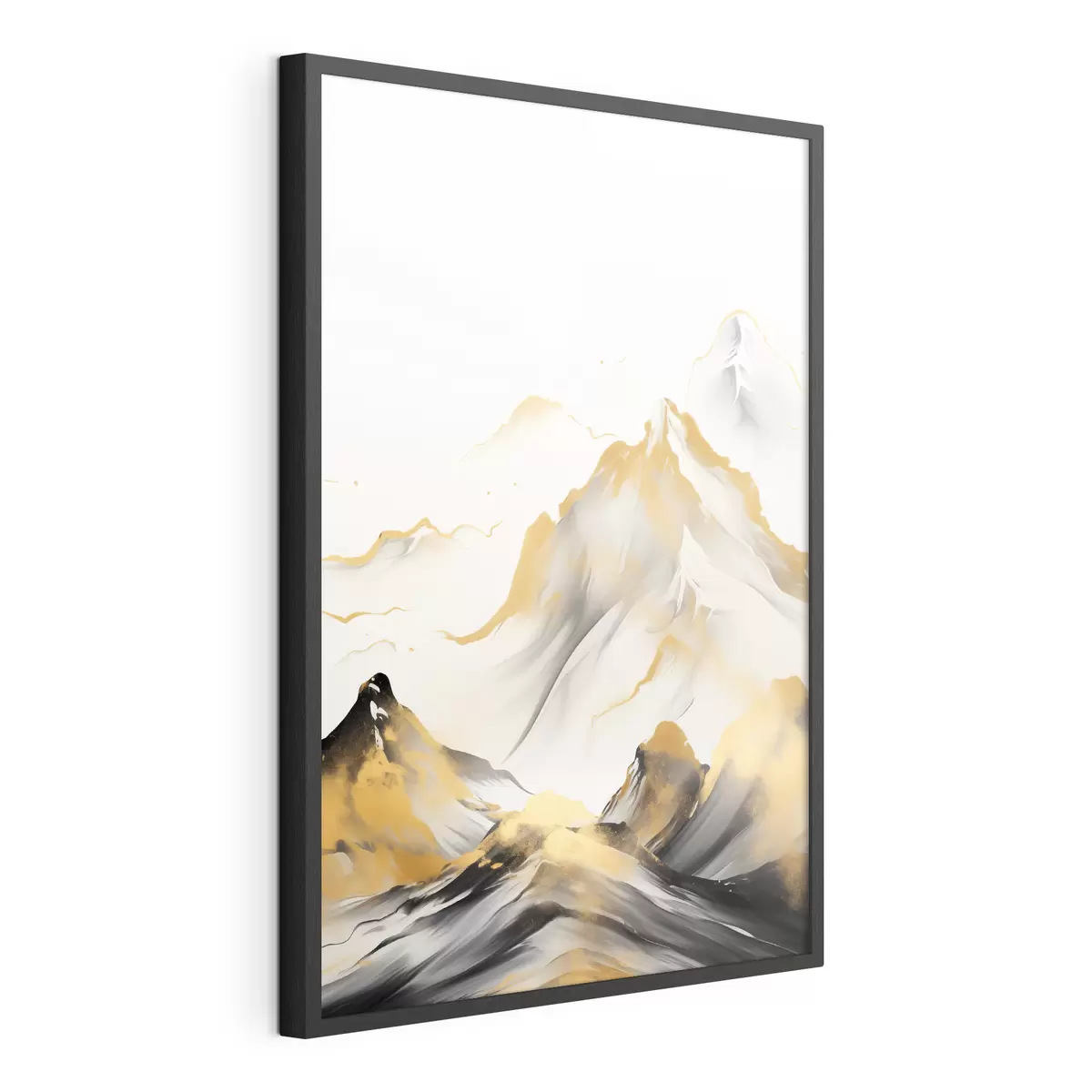 Poster Montañas amarillas y negras con picos nevados, estilo de pintura con tinta china, cordillera minimalista f46683