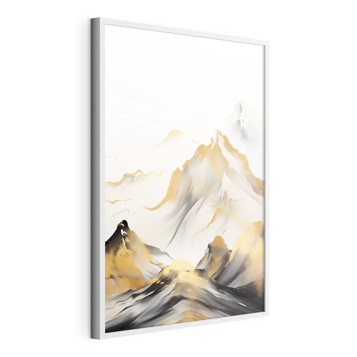 Poster Montañas amarillas y negras con picos nevados, estilo de pintura con tinta china, cordillera minimalista f46683