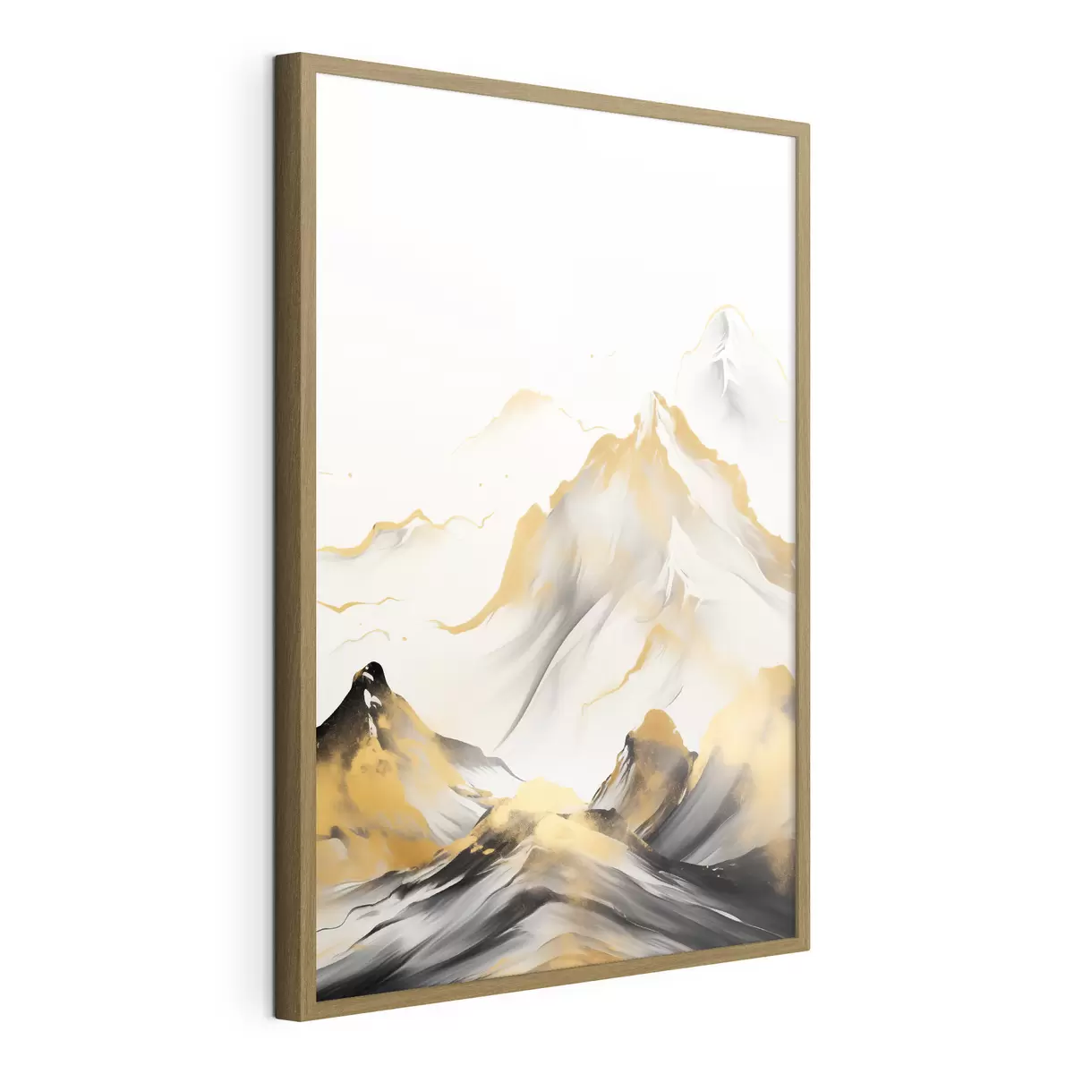 Poster Montañas amarillas y negras con picos nevados, estilo de pintura con tinta china, cordillera minimalista f46683