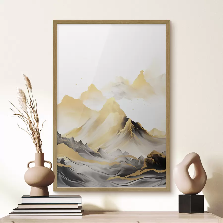 murales de pared Montañas amarillas y negras con picos nevados, estilo de pintura con tinta china, cordillera minimalista f46684