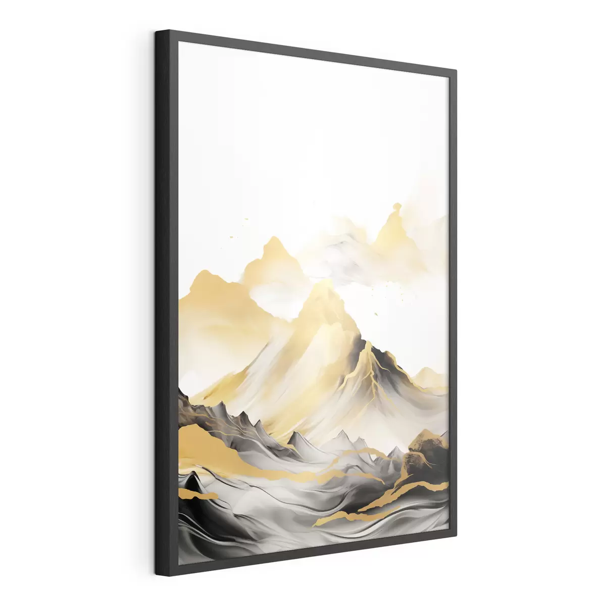 Poster Montañas amarillas y negras con picos nevados, estilo de pintura con tinta china, cordillera minimalista f46684