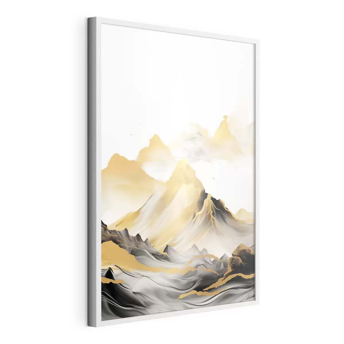 Poster Montañas amarillas y negras con picos nevados, estilo de pintura con tinta china, cordillera minimalista f46684