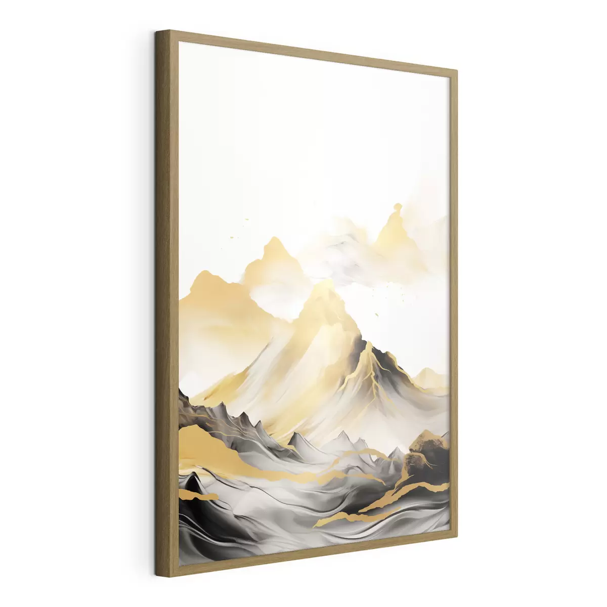 Poster Montañas amarillas y negras con picos nevados, estilo de pintura con tinta china, cordillera minimalista f46684
