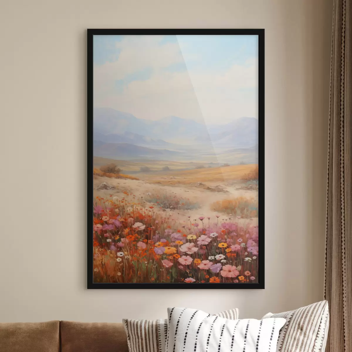 Poster Paisaje, un campo de flores coloridas con montañas al fondo, colores suaves y pastel. f46685