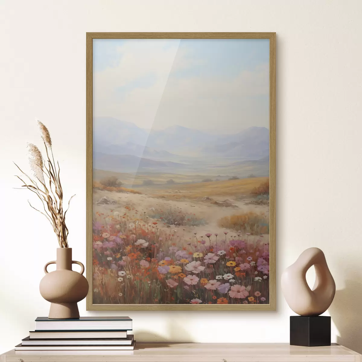 Poster Paisaje, un campo de flores coloridas con montañas al fondo, colores suaves y pastel f46685