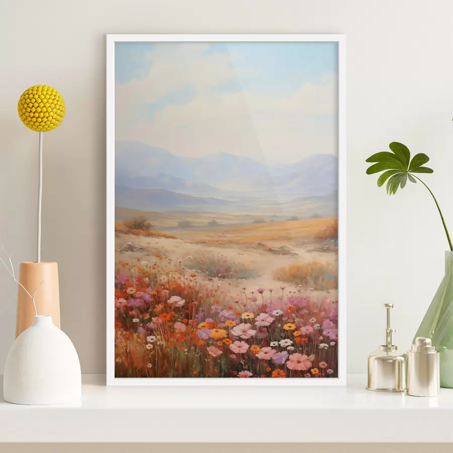 murales de pared Paisaje, un campo de flores coloridas con montañas al fondo, colores suaves y pastel f46685
