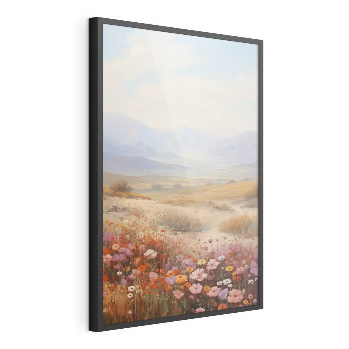 Poster Paisaje, un campo de flores coloridas con montañas al fondo, colores suaves y pastel f46685