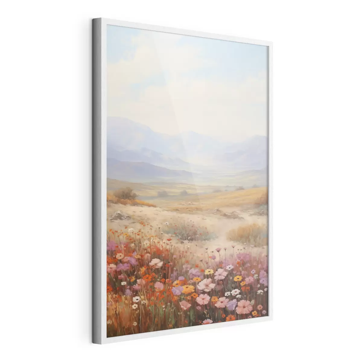Poster Paisaje, un campo de flores coloridas con montañas al fondo, colores suaves y pastel f46685