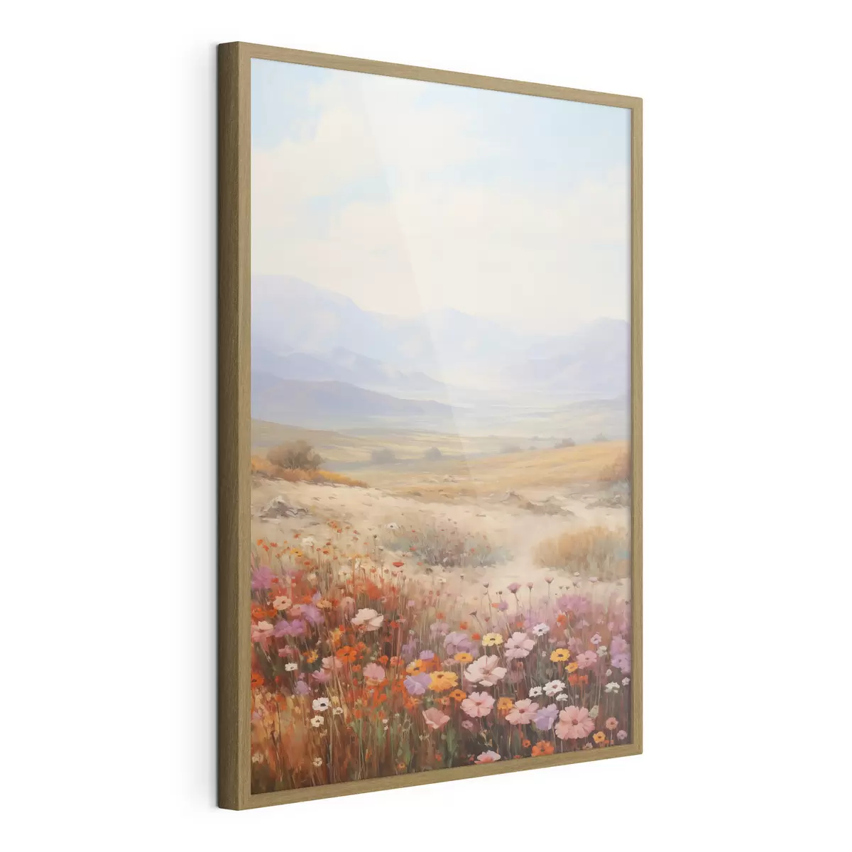 Poster Paisaje, un campo de flores coloridas con montañas al fondo, colores suaves y pastel f46685