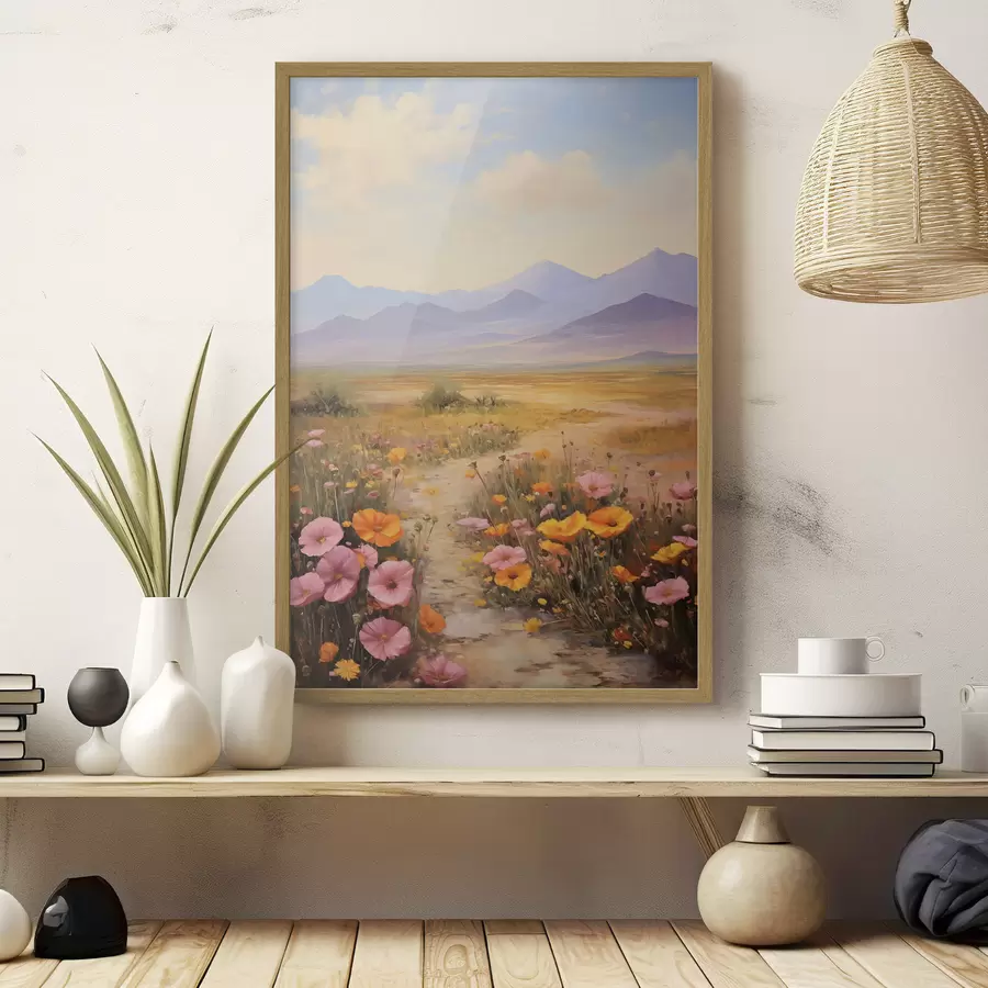 murales de pared Paisaje, un campo de flores coloridas con montañas al fondo, colores suaves y pastel f46686