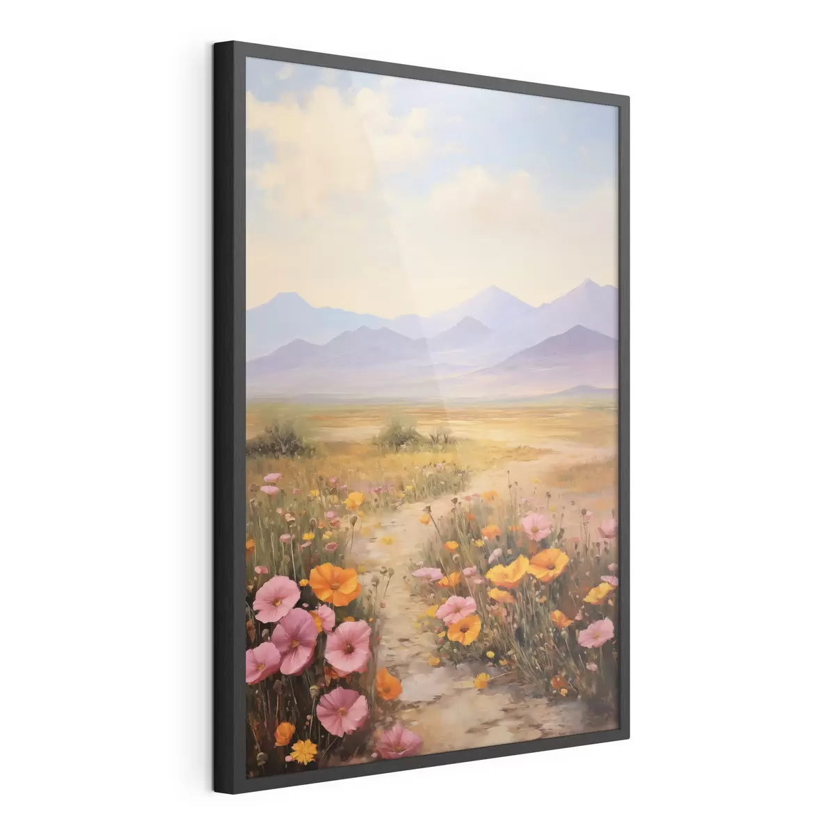 Poster Paisaje, un campo de flores coloridas con montañas al fondo, colores suaves y pastel f46686