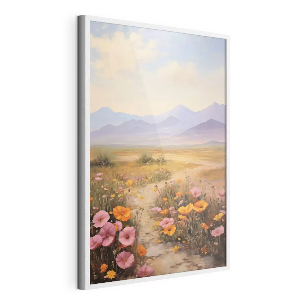 Poster Paisaje, un campo de flores coloridas con montañas al fondo, colores suaves y pastel f46686