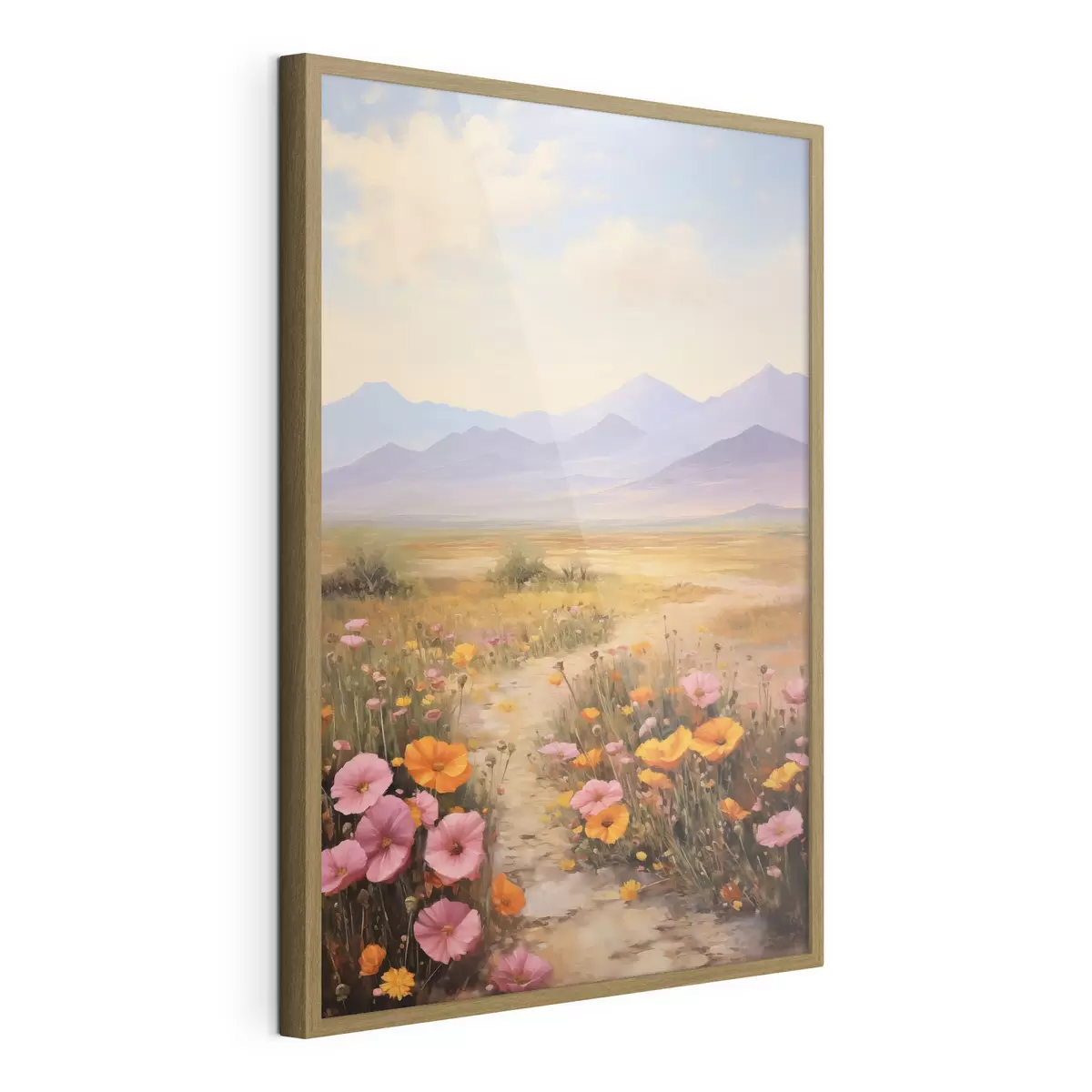 Poster Paisaje, un campo de flores coloridas con montañas al fondo, colores suaves y pastel f46686