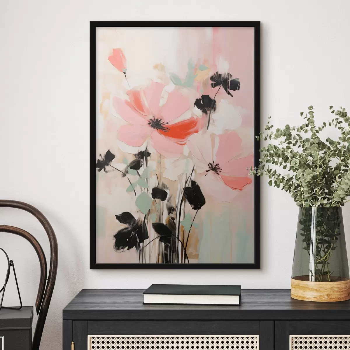 Poster Flores rosas y negras con hojas, colores pastel suaves, arreglo floral abstracto, arte minimalista. f46687
