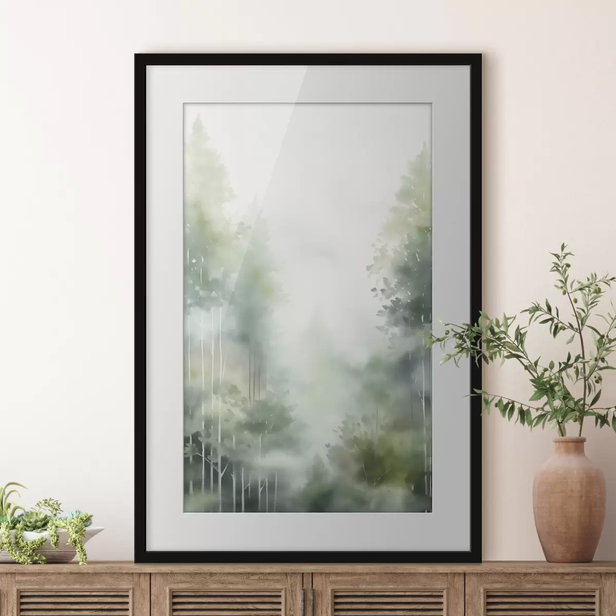 Poster Imitación de pintura en acuarela de un bosque abstracto con árboles altos y follaje verde, colores suaves y apagados f46689