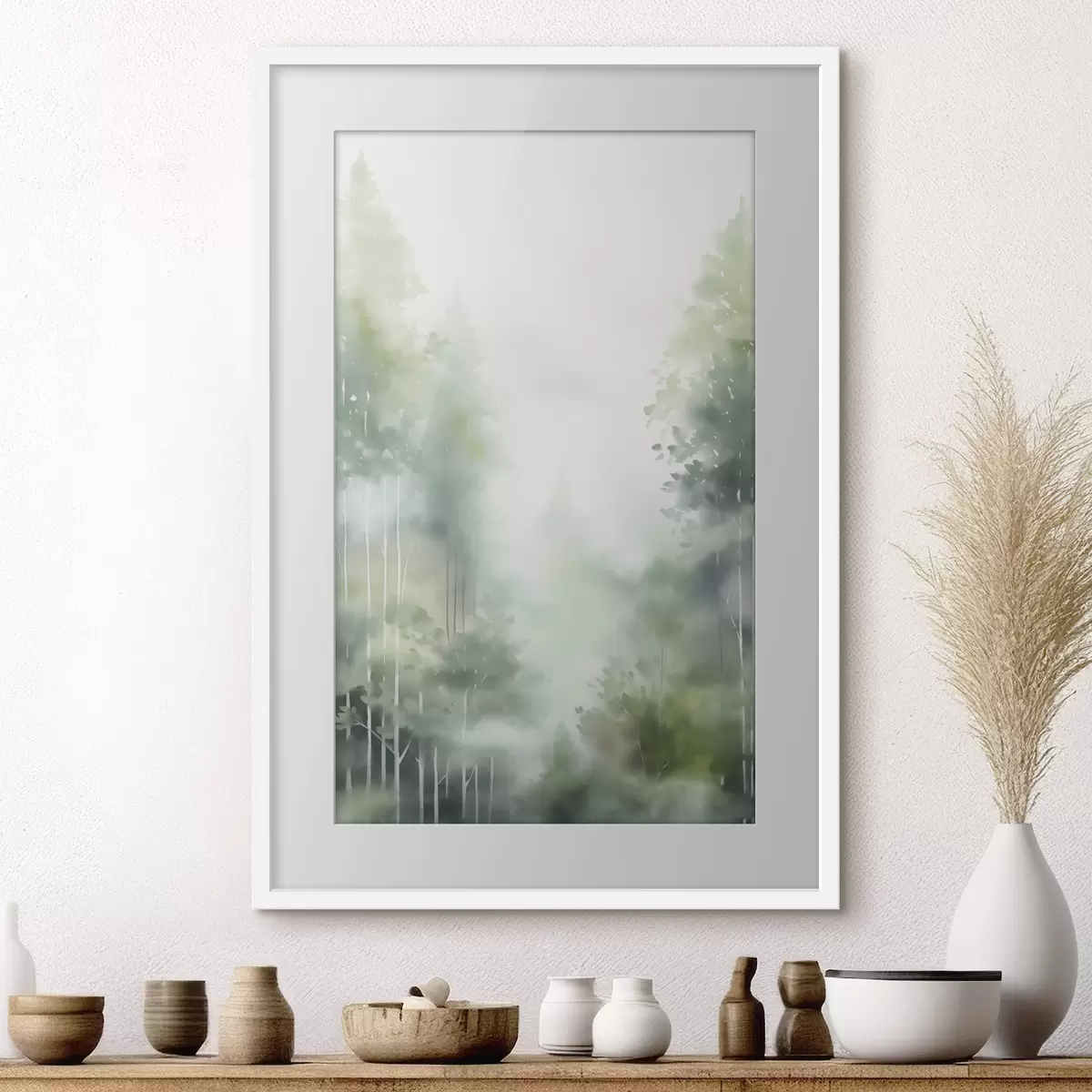 Poster Imitación de pintura en acuarela de un bosque abstracto con árboles altos y follaje verde, colores suaves y apagados f46689