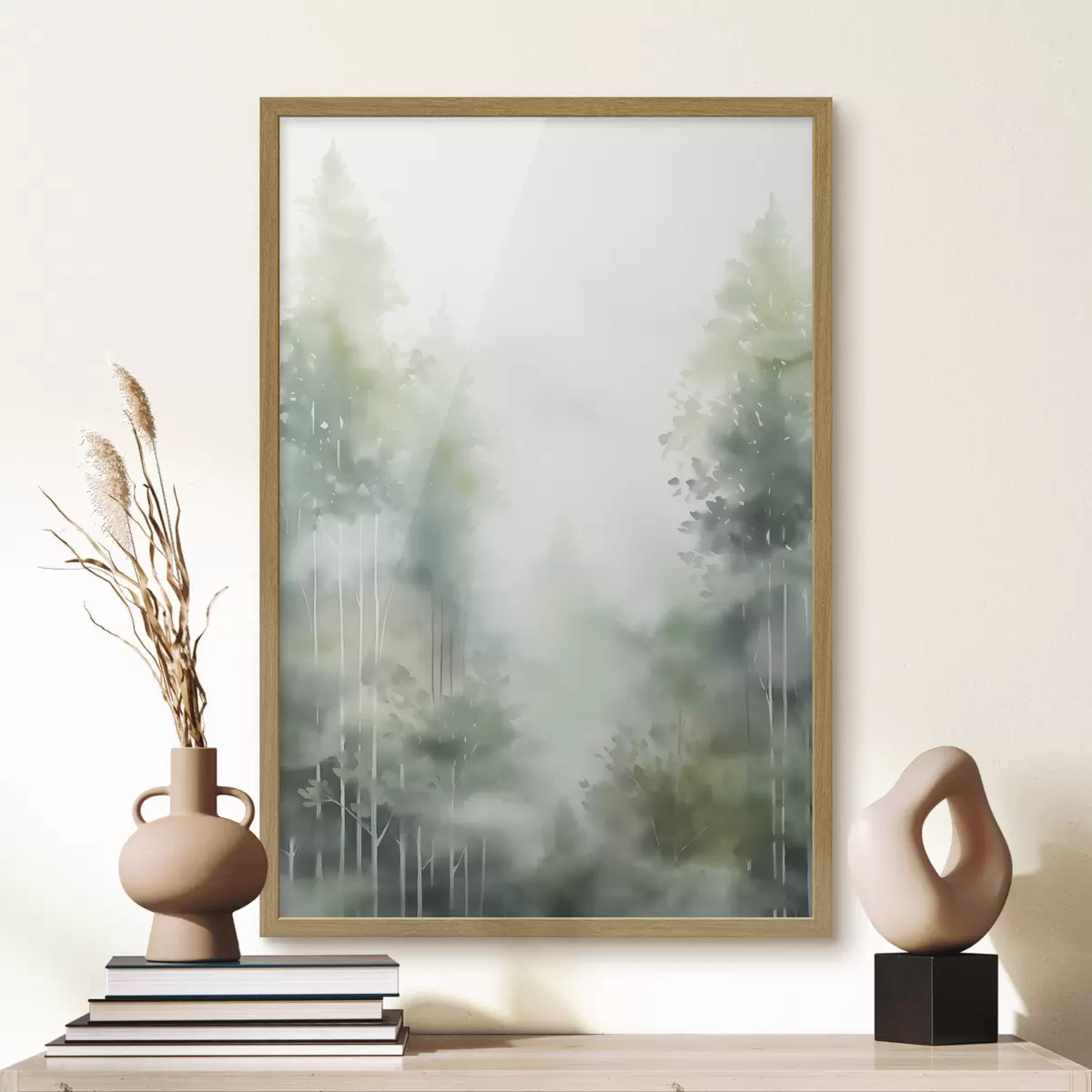 Poster Imitación de pintura en acuarela de un bosque abstracto con árboles altos y follaje verde, colores suaves y apagados f46689