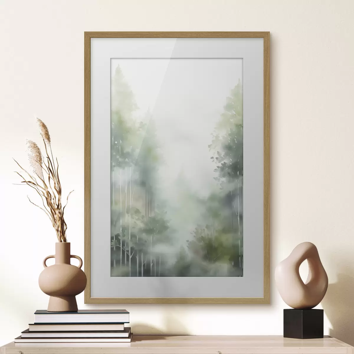 Poster Imitación de pintura en acuarela de un bosque abstracto con árboles altos y follaje verde, colores suaves y apagados f46689