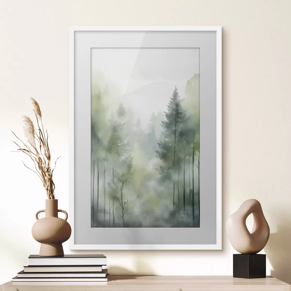 Poster Imitación de pintura en acuarela de un bosque brumoso con altos pinos y montañas al fondo f46690