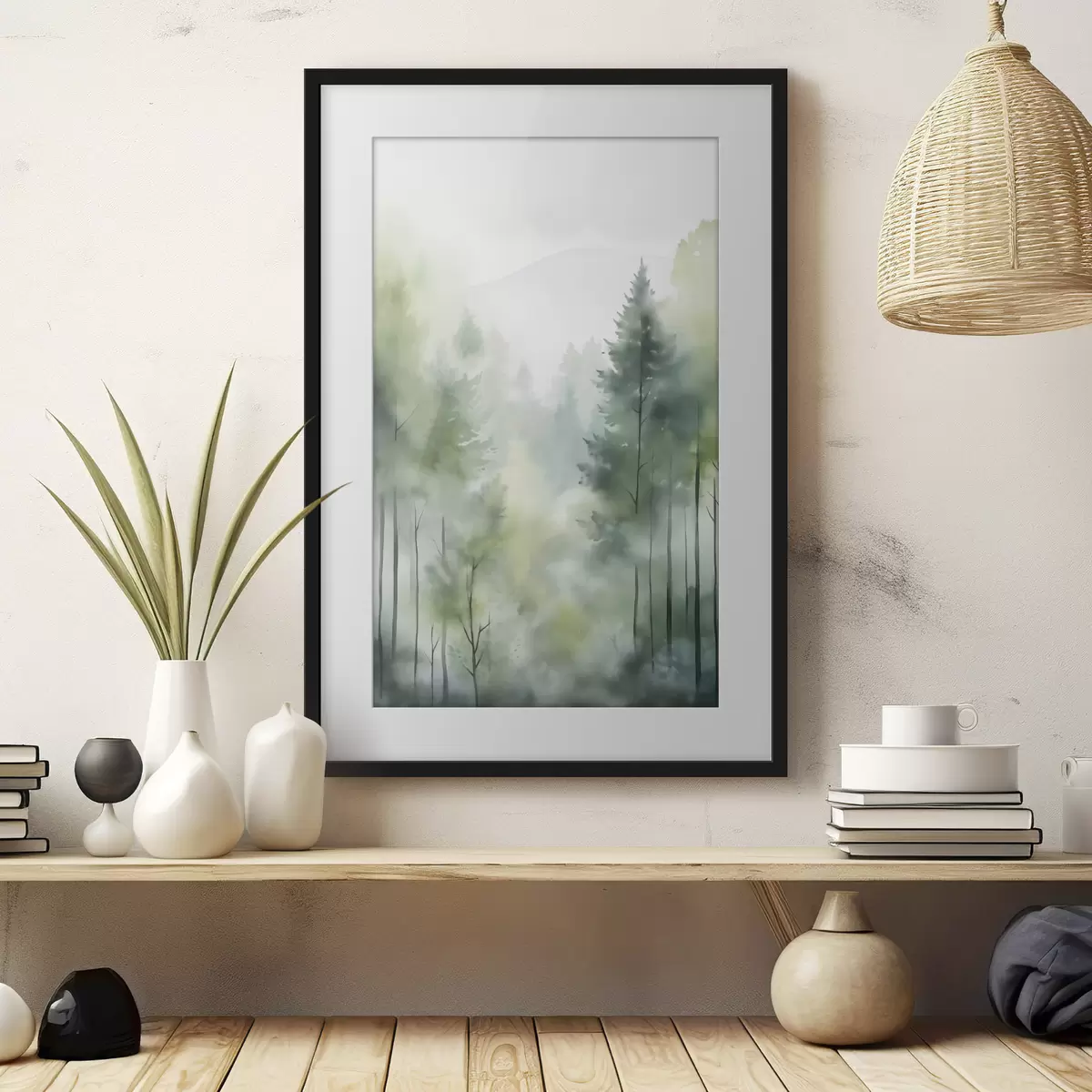 Poster Imitación de pintura en acuarela de un bosque brumoso con altos pinos y montañas al fondo f46690