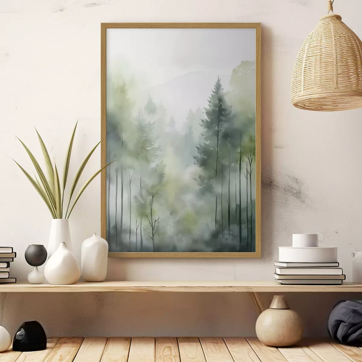 Poster Imitación de pintura en acuarela de un bosque brumoso con altos pinos y montañas al fondo f46690