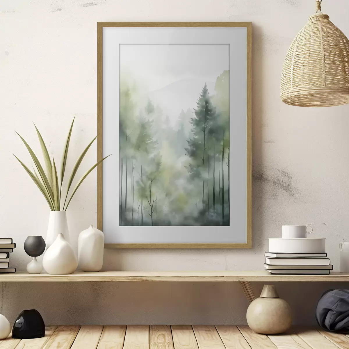 Poster Imitación de pintura en acuarela de un bosque brumoso con altos pinos y montañas al fondo f46690