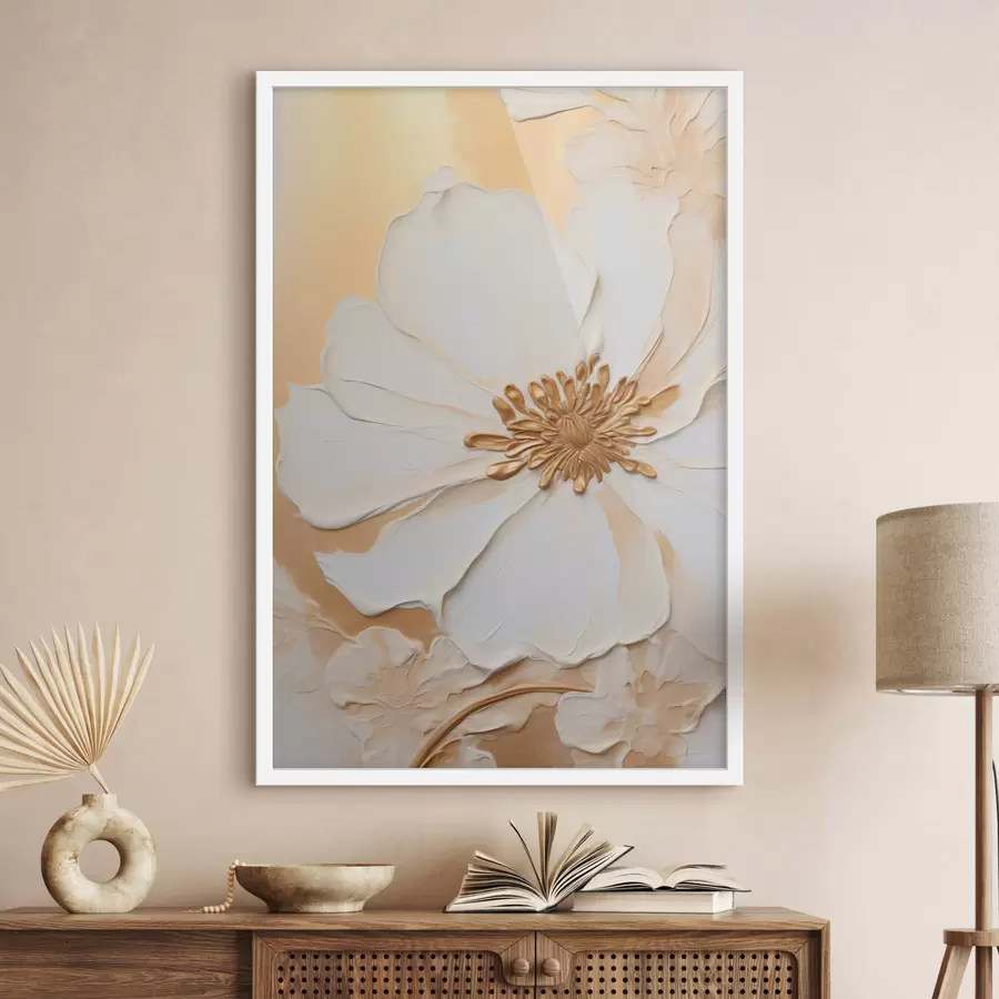 murales de pared Flor blanca con pétalos delicados y pinceladas gruesas imitadas, sobre un fondo texturizado de color naranja claro. f46691