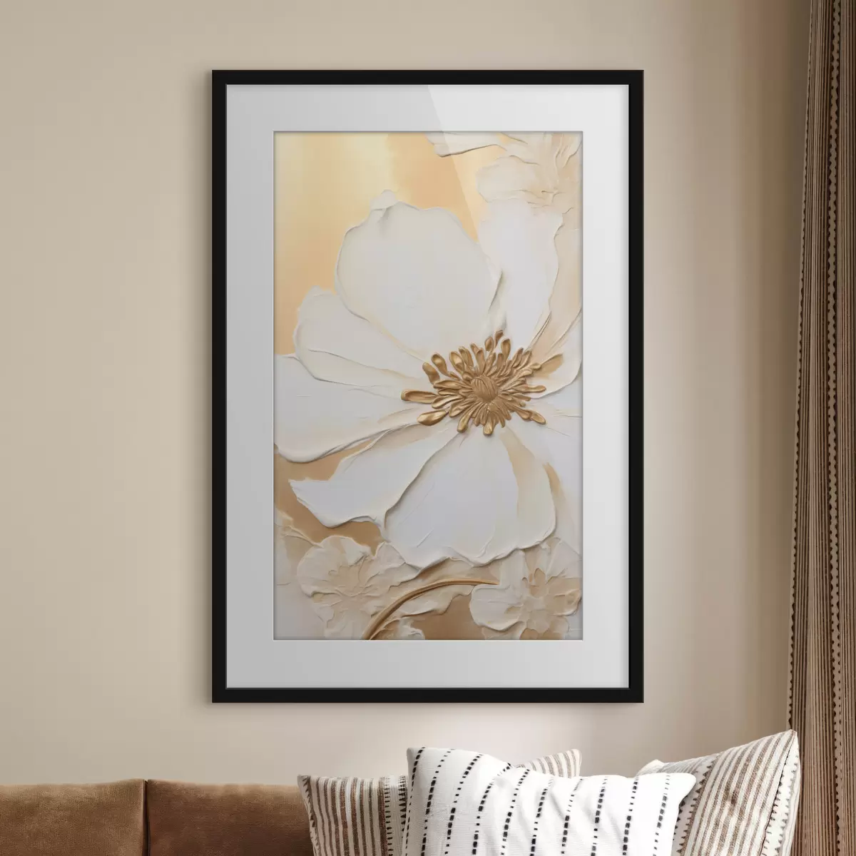 Poster Flor blanca con pétalos delicados y pinceladas gruesas imitadas, sobre un fondo texturizado de color naranja claro f46691