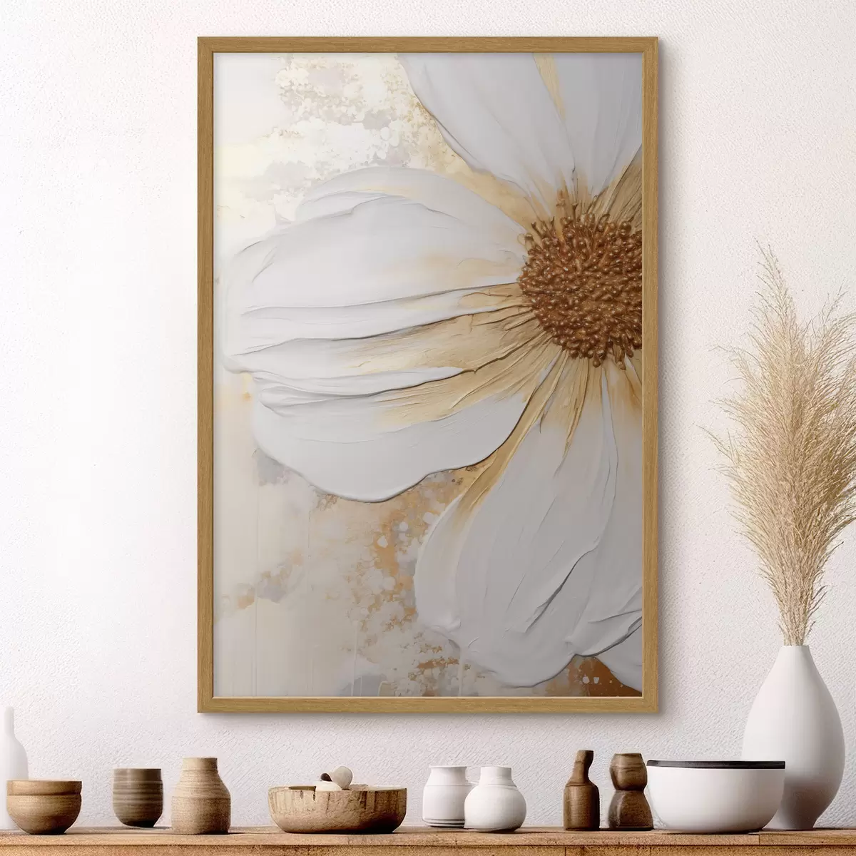 Poster Una flor blanca con pétalos delicados, fondo abstracto con textura, elegante, arte decorativo f46692