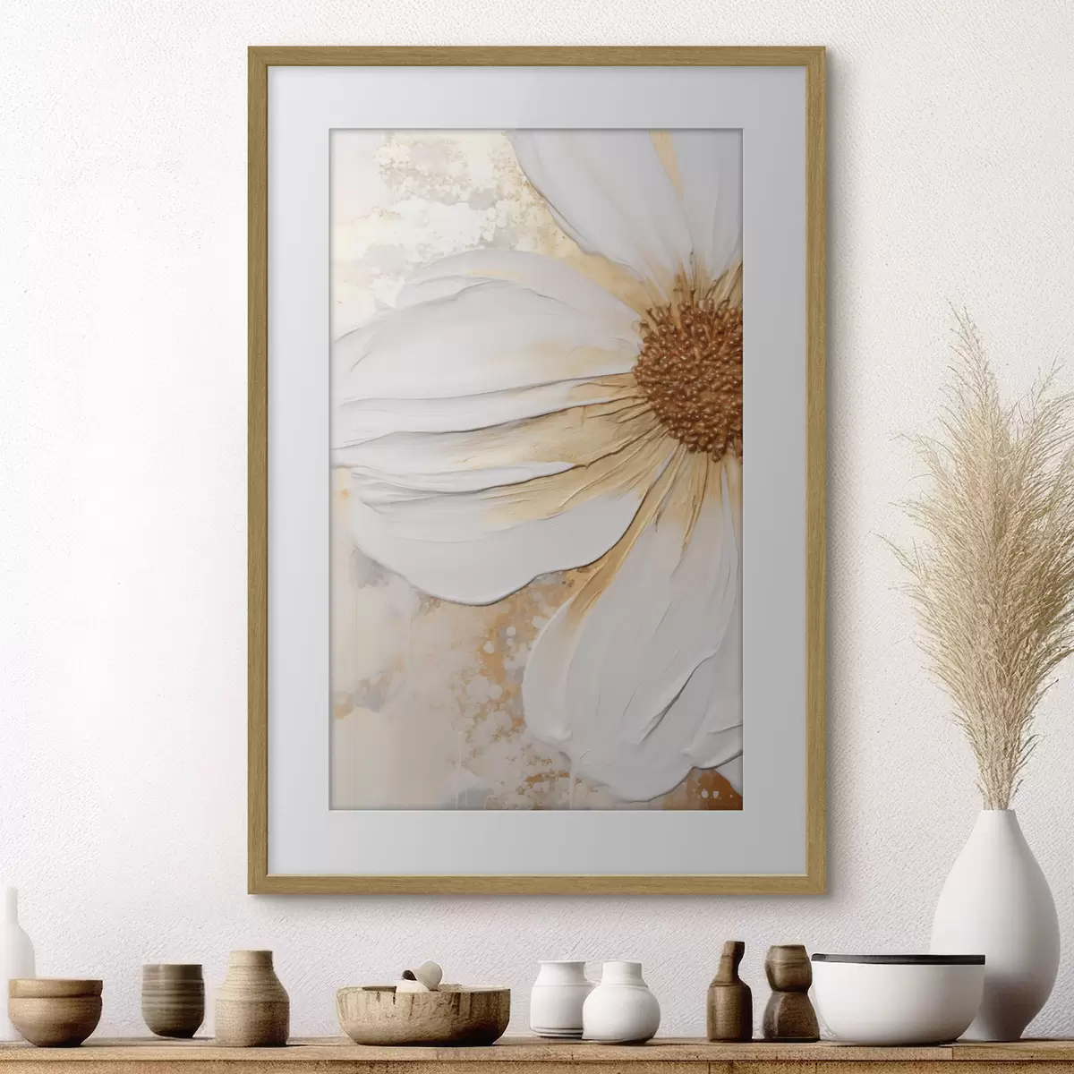 Poster Una flor blanca con pétalos delicados, fondo abstracto con textura, elegante, arte decorativo f46692
