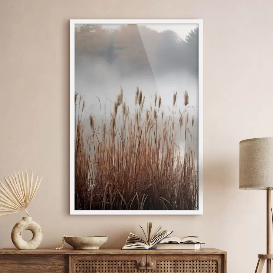 murales de pared Juncos altos que crecen en un cuerpo de agua, el agua refleja los juncos, fondo brumoso, luz suave, escena natural. f46696
