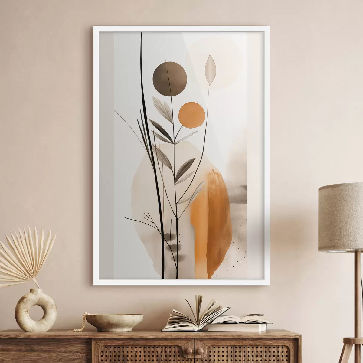 Poster Imitación de pintura abstracta con círculos naranjas y grises, hojas y ramas, estilo moderno, efecto acuarela. f46698