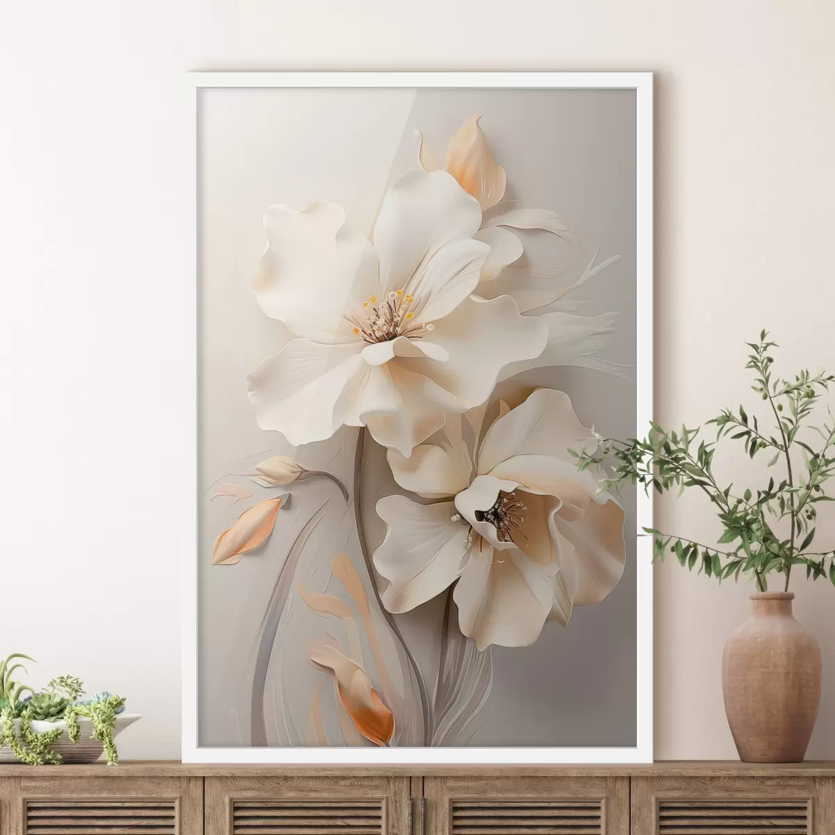 Poster Flores blancas, pétalos con sombras suaves, fondo beige claro, composición elegante, estilo minimalista. f46700