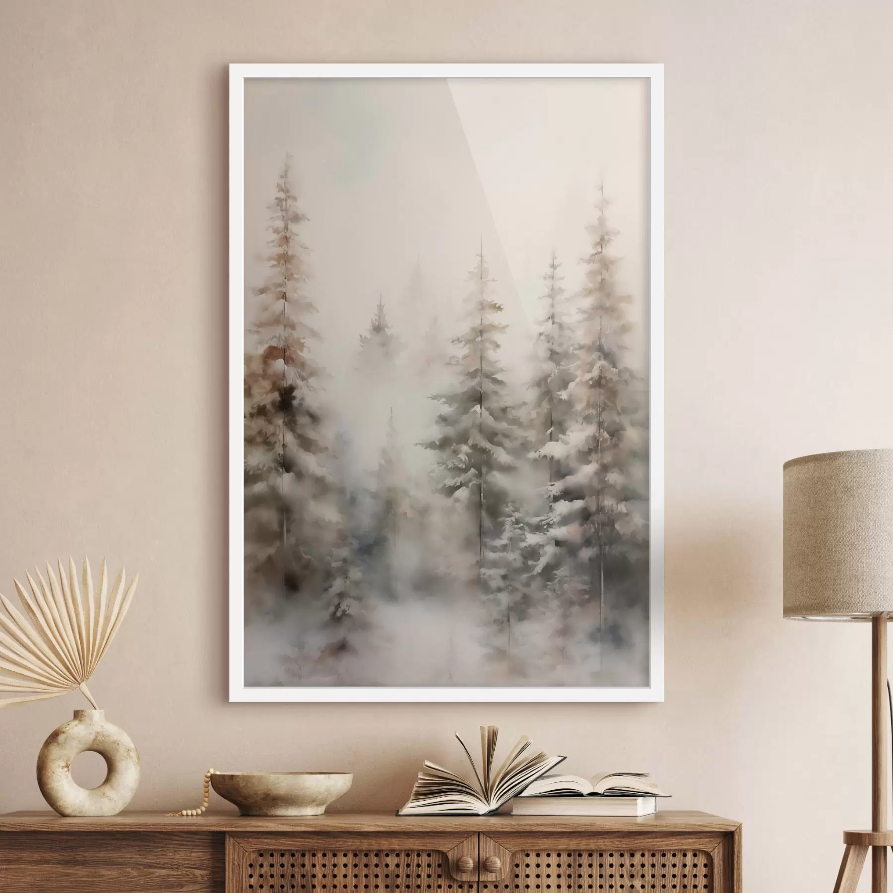 murales de pared Altos pinos cubiertos de nieve, erguidos en un bosque brumoso, una escena invernal suave y apagada. f46701