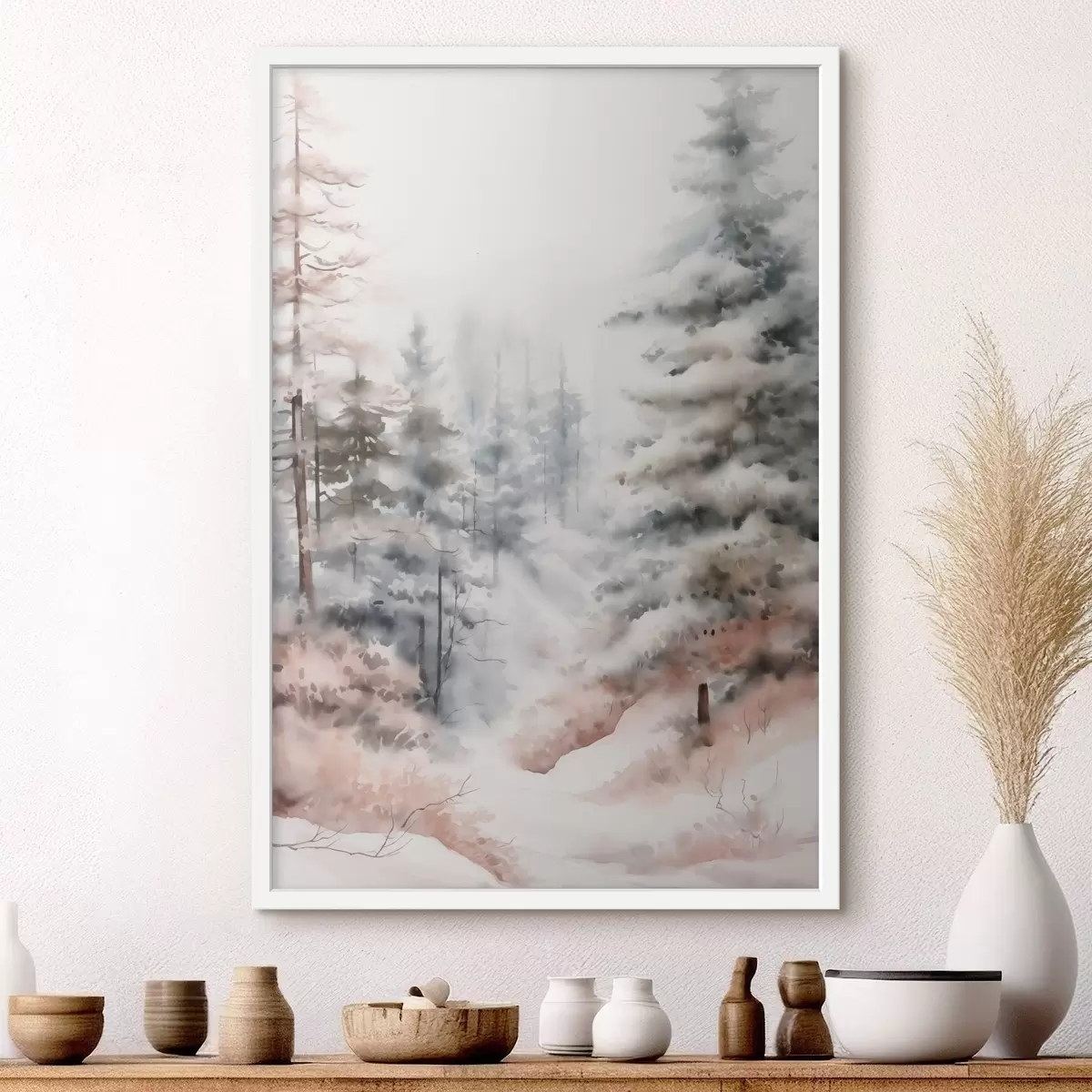 Poster Altos pinos cubiertos de nieve, erguidos en un bosque brumoso, una escena invernal suave y apagada. f46702