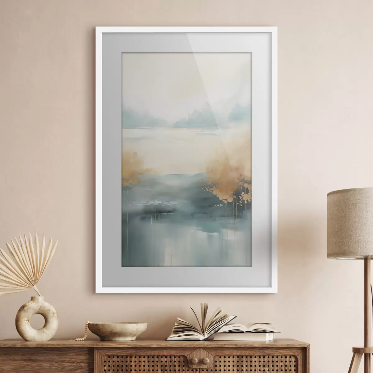 Poster Paisaje abstracto con montañas y lago en verde azulado y amarillo texturizado, pinceladas suaves, obra de arte minimalista f46704