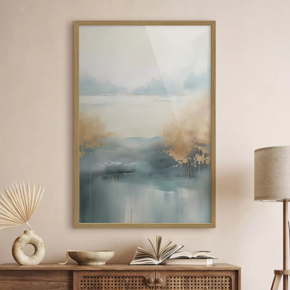 Poster Paisaje abstracto con montañas y lago en verde azulado y amarillo texturizado, pinceladas suaves, obra de arte minimalista f46704