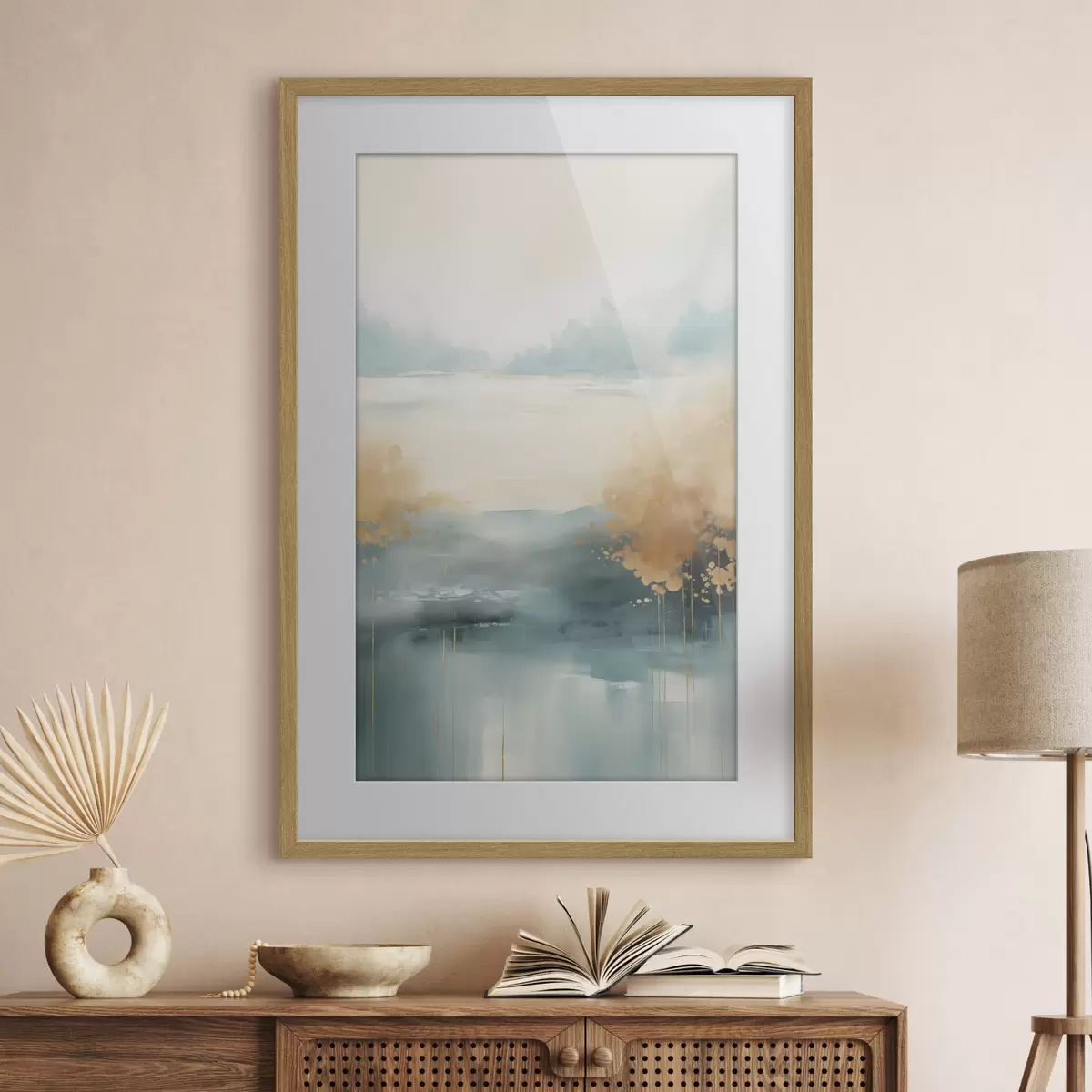 Poster Paisaje abstracto con montañas y lago en verde azulado y amarillo texturizado, pinceladas suaves, obra de arte minimalista f46704