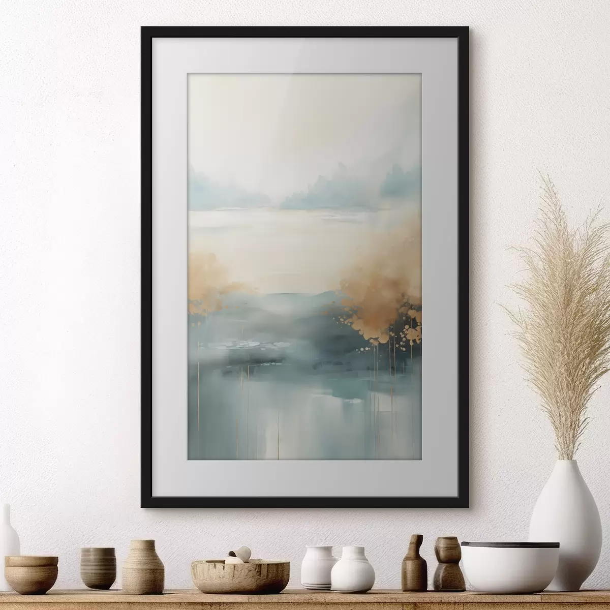 Poster Paisaje abstracto con montañas y lago en verde azulado y amarillo texturizado, pinceladas suaves, obra de arte minimalista f46704