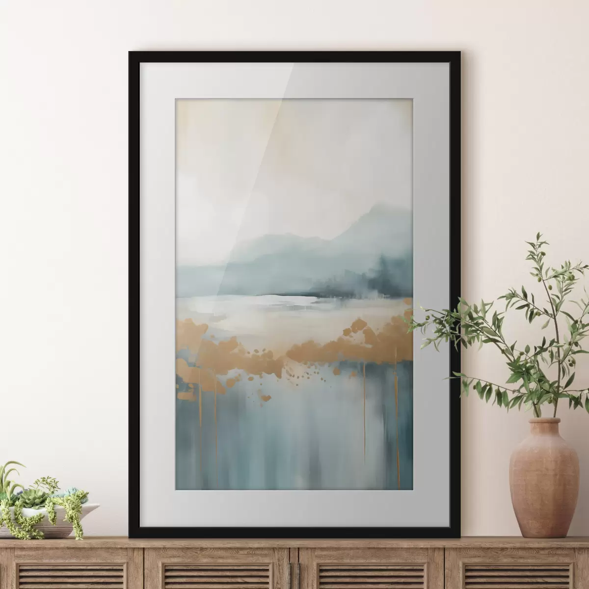 Poster Paisaje abstracto con montañas y lago en verde azulado y amarillo texturizado, pinceladas suaves, obra de arte minimalista f46703