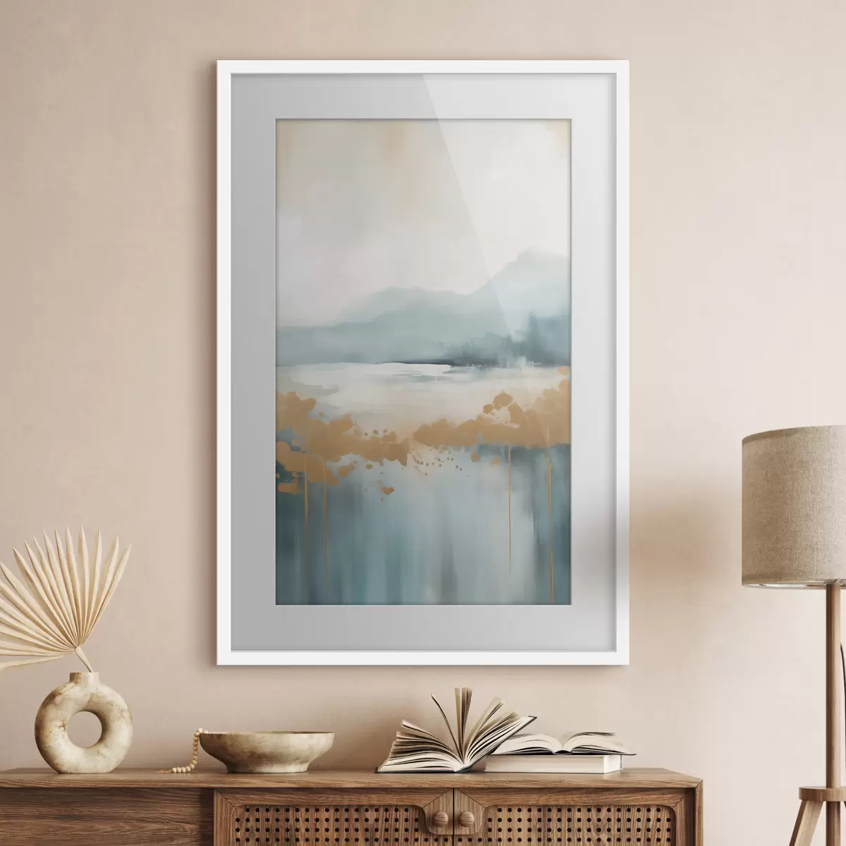 Poster Paisaje abstracto con montañas y lago en verde azulado y amarillo texturizado, pinceladas suaves, obra de arte minimalista f46703